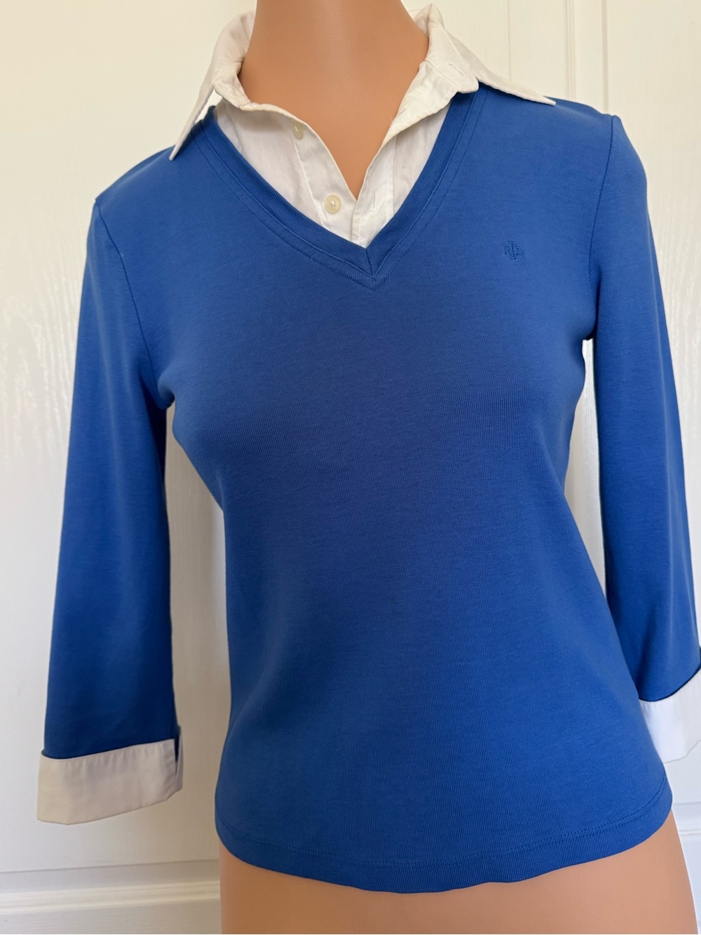LAUREN Ralph Lauren 100% Cotton Blue Layered-Look Top Size Small